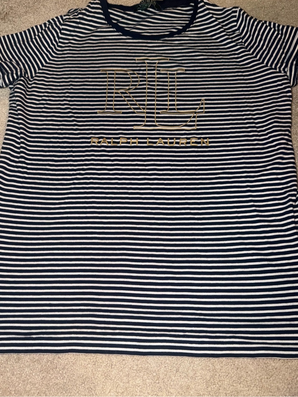 Lauren Ralph Lauren striped t-shirt features a bold gold-embroidered logo